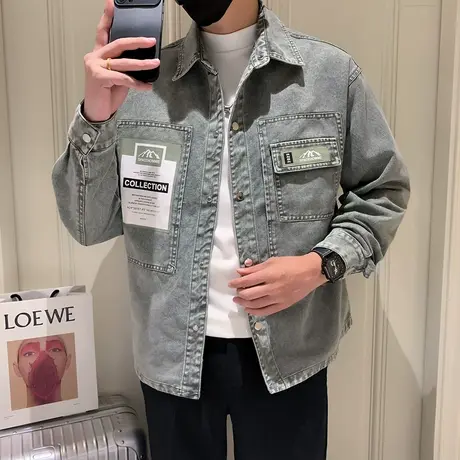 2023新款春秋季牛仔夹克男休闲复古机车外套重磅美式潮牌工装上衣商品大图