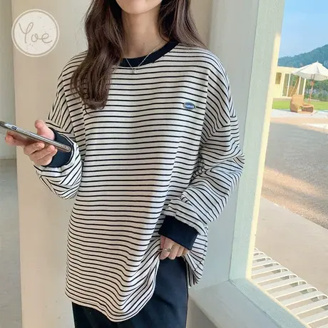 yoe卫衣女新款春秋薄款上衣条纹撞色拼接休闲潮ins圆领内搭上衣图片