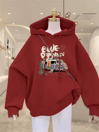 红色连帽国风卫衣女2024春秋冬季新款宽松加绒加厚中长款外套上衣商品大图