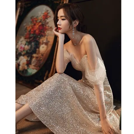 香槟色法式主持人晚礼服女2023新款小个子连衣裙平时可穿年会名媛商品大图