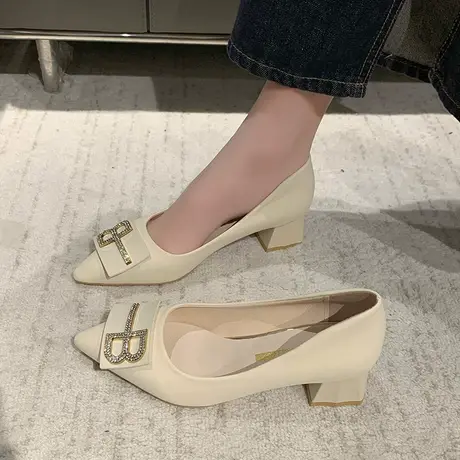 高跟鞋女2024春季新款浅口粗跟百搭鞋子水钻高级感尖头配裙子单鞋商品大图