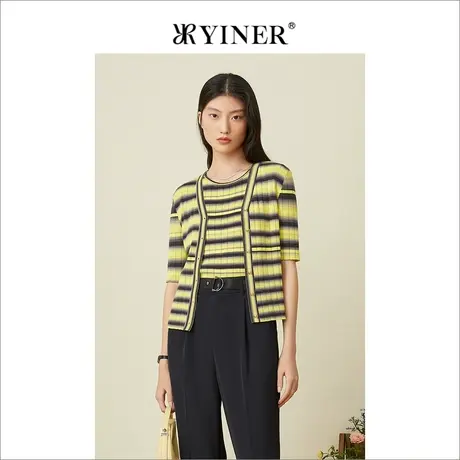 YINER音儿女装2022夏季条纹短袖薄款针织开衫外套女图片