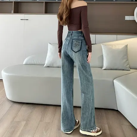 窄版阔腿牛仔裤女春秋季2024新款高腰直筒宽松垂感复古显瘦拖地裤商品大图