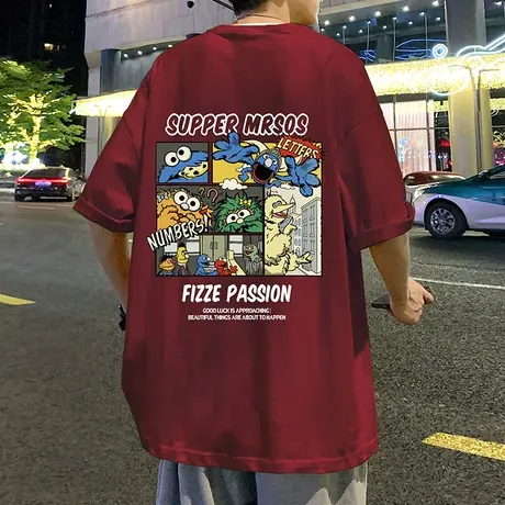 美式t恤男夏季新款纯棉卡通半袖ins潮流宽松休闲情侣短袖体恤上衣图片