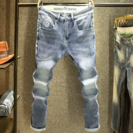 2024新款春季蓝色牛仔裤男修身小脚裤潮牌水洗磨白春秋款裤子男生商品大图