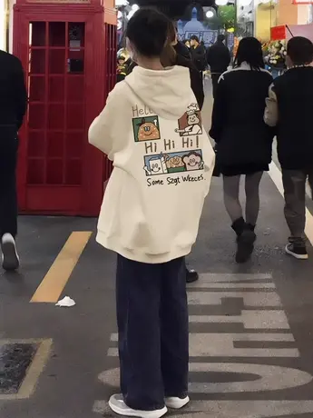 杏色连帽卫衣女秋冬加绒加厚小个子宽松美式复古oversize外套上衣商品大图