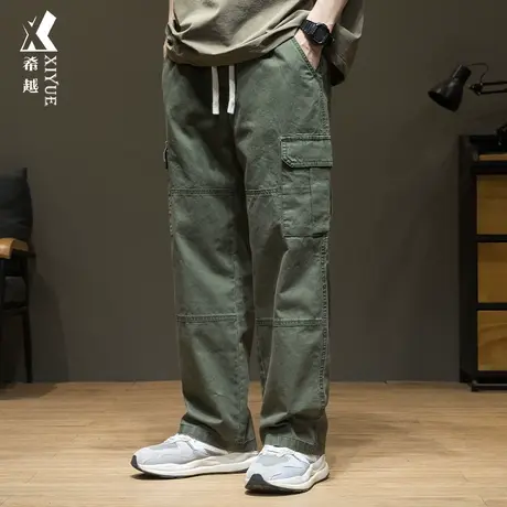 希越纯棉珠帆布复古工装裤男2024春季宽松大码美式军绿色休闲长裤商品大图