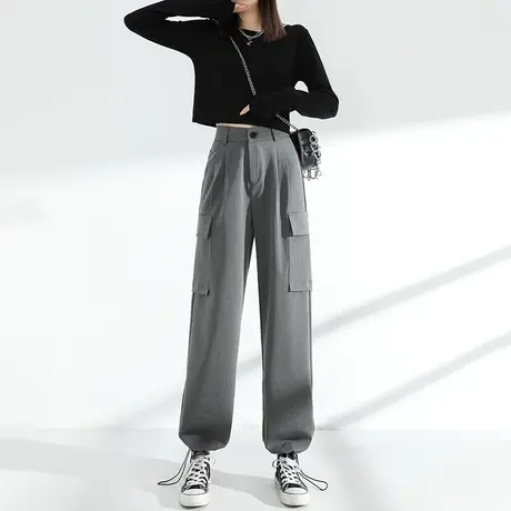 灰色工装裤女宽松阔腿高腰显瘦春夏季薄款宽松束脚休闲灯笼哈伦裤商品大图
