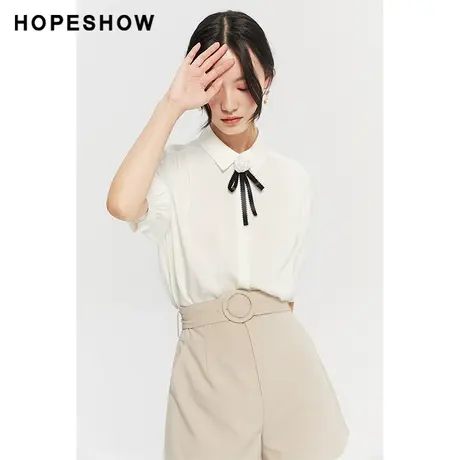 红袖outlets白色衬衫hopeshow2023夏季新款女设计感小众短袖上衣商品大图