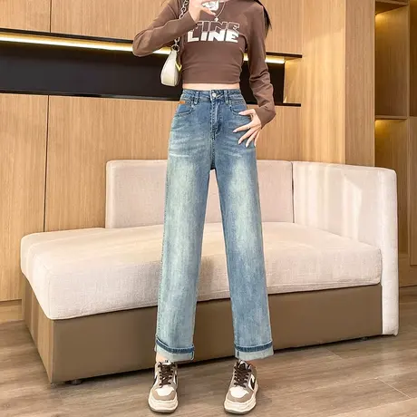 美式复古牛仔裤女2024春秋季新款裤子高腰宽松显瘦九分阔腿直筒裤图片