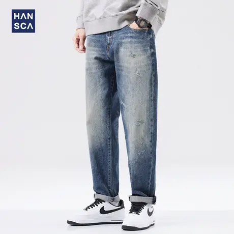 hansca破洞牛仔裤男秋季新款潮牌直筒宽松蓝色复古痞帅休闲长裤子商品大图