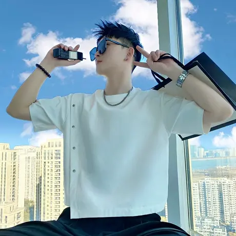 设计感拼接假两件短袖T恤男夏季新款ins网红纯色潮牌半袖T恤上衣商品大图