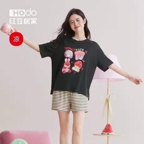 红豆居家女士短袖睡衣套装可外穿套头T恤宽松凉感莫代尔棉家居服商品大图