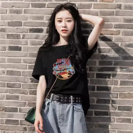 纯棉美式复古卡通印花短袖T恤女ins潮牌街头夏季大码宽松百搭上衣商品大图