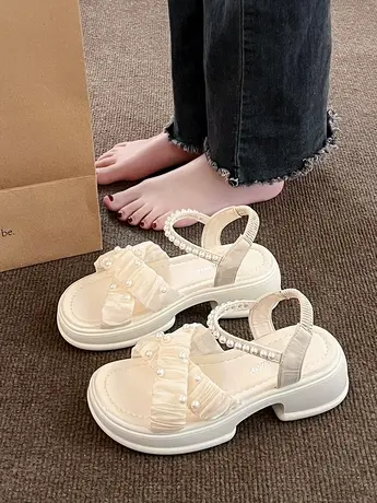 温柔珍珠厚底仙女风凉鞋女配裙子2024年夏季新款时尚百搭罗马鞋潮商品大图