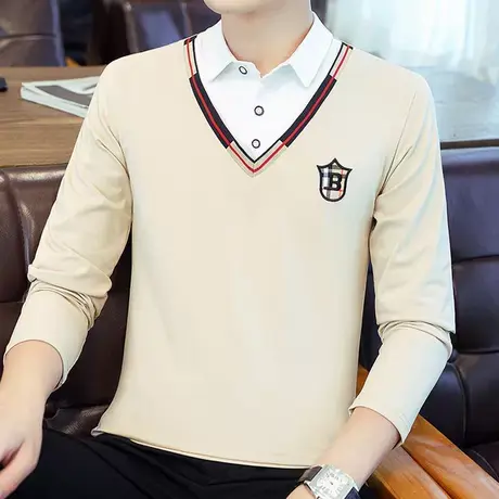 假两件polo衫男士春秋款衬衫领长袖t恤韩版潮流修身V领刺绣上衣服图片