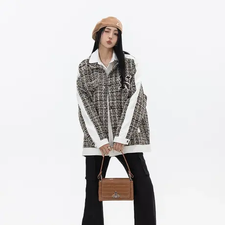 复古格子外套女小香风春秋2023新款ins潮牌拼接oversize夹克上衣图片