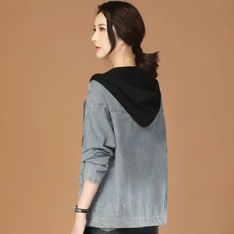 【14周年秋上新8.5折】复古连帽拼接牛仔外套女宽松休闲百搭夹克图片