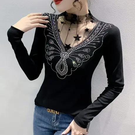 加厚磨毛打底衫女春秋2023新款性感网纱拼接T恤内搭半高领上衣ins商品大图