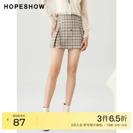 红袖outlets复古格纹短裙hopeshow2022春季新款刺绣开叉a字半身裙商品大图