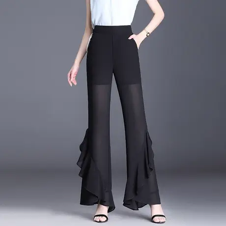 荷叶边雪纺喇叭裤女夏薄款2023新款高腰显瘦微喇直筒裤气质长裤子商品大图