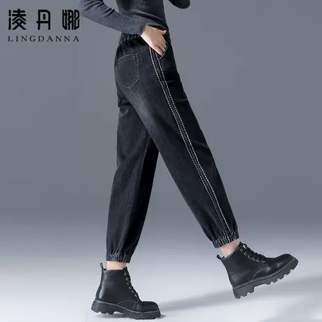 女士灯笼裤松紧腰牛仔裤女休闲2023年新款黑色裤子春秋束脚萝卜裤商品大图