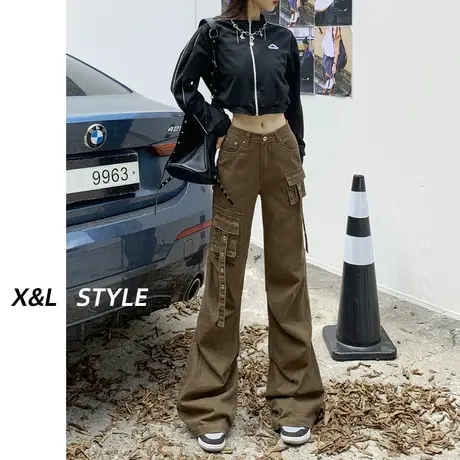 棕色工装微喇叭裤女春秋2023年新款显瘦辣妹高街宽松阔腿休闲裤子图片