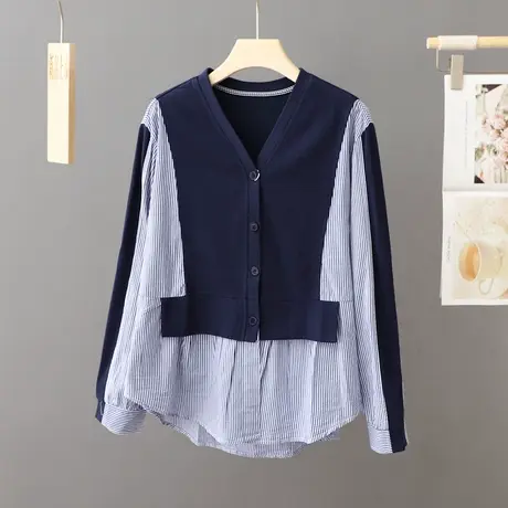 拼色蓝色条纹V领衬衫女长袖设计感小众衬衣外穿春秋季休闲上衣女商品大图