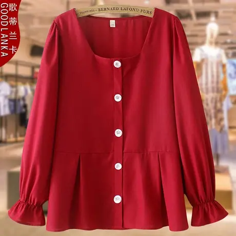 加肥加大码女装春秋长袖上衣宽松时尚减龄妈妈春装方领雪纺衬衫女商品大图