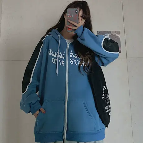 waitmore连帽卫衣chic港风女秋冬宽松韩版加绒加厚开衫外套潮ins商品大图