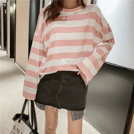 2023早春ins长袖女港味宽松学生韩版条纹t恤慵懒风上衣cec超火潮商品大图