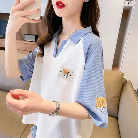 小个子短袖t恤女2023新款夏季韩版宽松翻领polo衫撞色插肩袖上衣图片