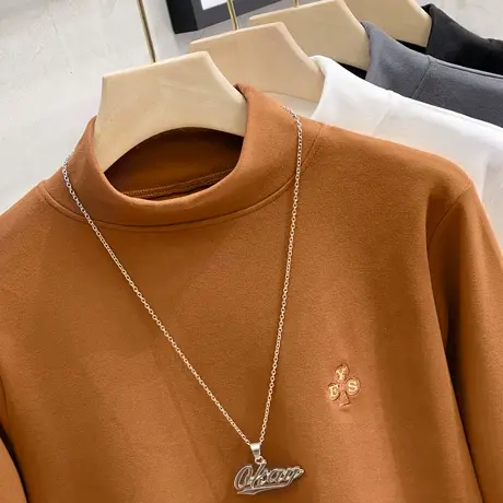 内搭男士打底衫春秋冬季修身潮流刺绣半高领t恤男长袖德绒双面绒图片