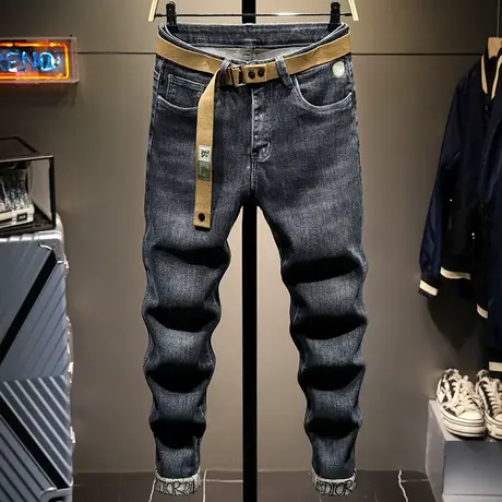 秋冬款复古做旧黑灰色加厚牛仔裤男修身小脚百搭男士韩版潮流高档商品大图