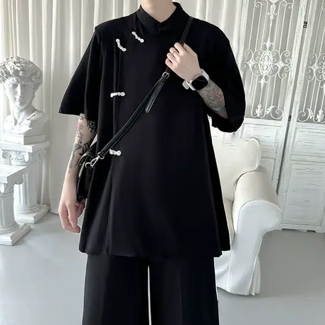 新中式短袖T恤男士衬衫复古中国风山本耀司小众国潮唐装垫肩衬衣商品大图