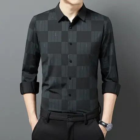 春秋季新款无痕弹力格子衬衫男长袖修身韩版潮流商务休闲男士衬衣商品大图
