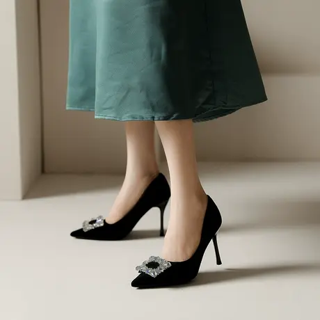 黑色高跟鞋女细跟2023年春夏季新款性感仙女风蝴蝶结水钻百搭单鞋商品大图