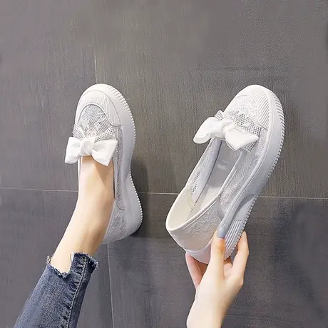 浅口单鞋女鞋厚底小白鞋夏款上班鞋一脚蹬网面豆豆鞋网纱凉鞋平底商品大图