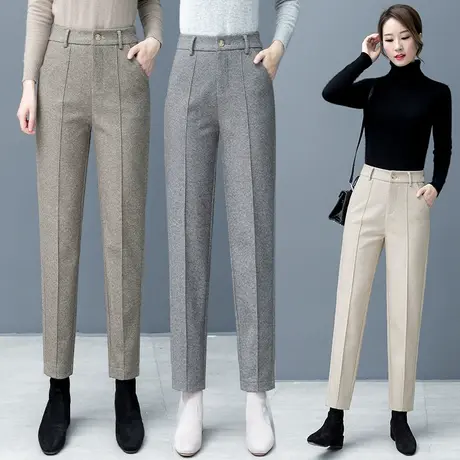 秋冬毛呢裤女高腰西装裤显瘦直筒休闲长裤2023新款加绒呢子哈伦裤商品大图