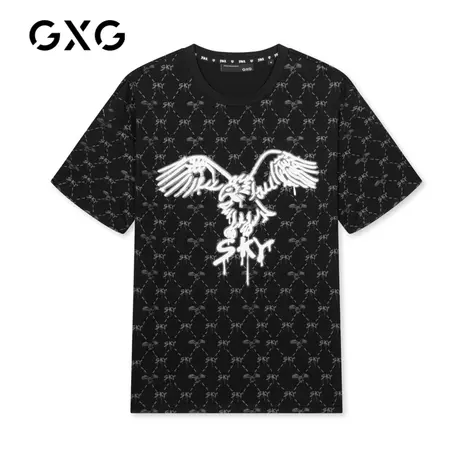 【新款】GXG男装 夏季潮牌潮流黑色印花圆领短袖T恤GB144958C商品大图