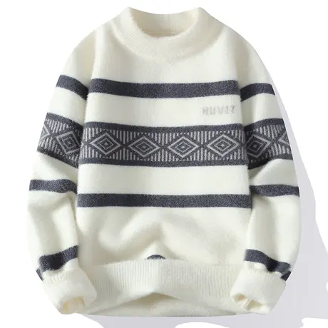 秋冬季水貂绒半高领毛衣男潮流拼色青少年学生加厚保暖打底针织衫商品大图