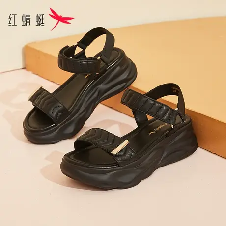 红蜻蜓黑色凉鞋夏季女款时尚2023年新款夏天软底厚底运动休闲女鞋商品大图