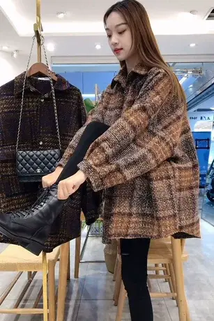 设计感小众女士衬衫2023年秋冬新款宽松复古格子长袖加厚上衣外套商品大图