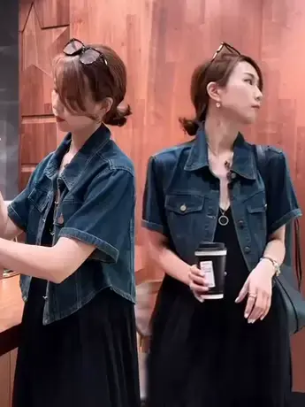 牛仔外套衬衫女短袖夏季韩版时尚复古港风翻领短款设计感小众上衣商品大图