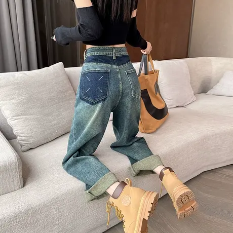 阔腿牛仔裤女2023年春季新款高腰宽松显瘦做旧复古男友风直筒长裤商品大图