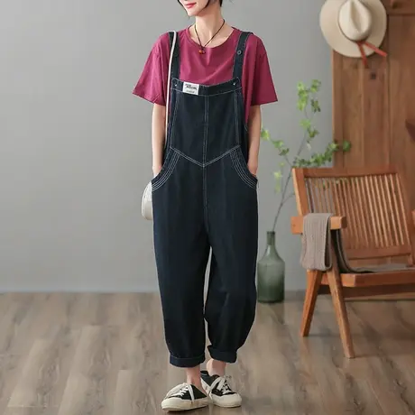 dza 高腰显瘦牛仔背带裤女2023夏季纯棉直筒阔腿裤减龄百搭休闲裤商品大图