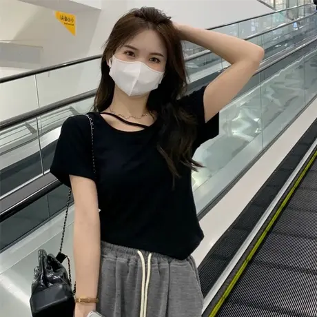 2023年新款夏季别致独特短袖t恤设计感小众正肩甜辣短款上衣女装商品大图