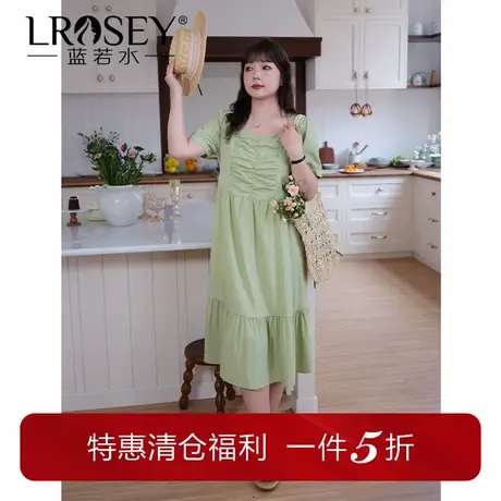 蓝若水大码女装法式茶歇抽褶方领长裙胖MM夏装遮肚收腰别致连衣裙商品大图
