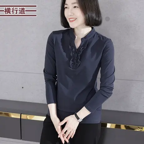 冬装立领中年上衣女装韩版长袖t恤女装莫代尔v领黑色打底衫妈妈装商品大图