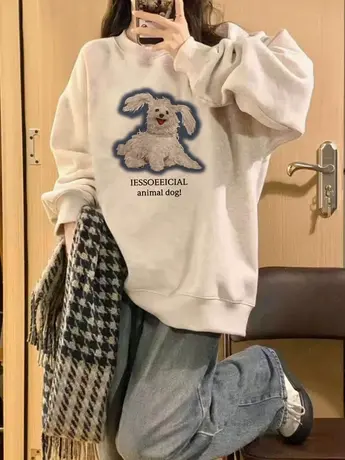 美式复古oversize卫衣高级感无帽大码显瘦ins早秋薄款长袖上衣女商品大图